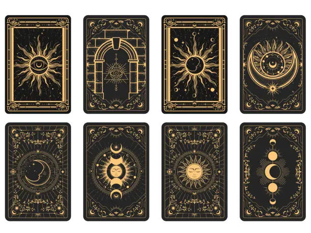 Vector illustration of Tarot cards batch reverse side, magic frame with esoteric patterns and mystic symbols, sun and moon sorcery, vector