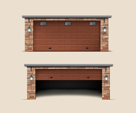 Realistic wooden garage doors of a brick garage opening and closing, showcasing their rustic charm and functionality.