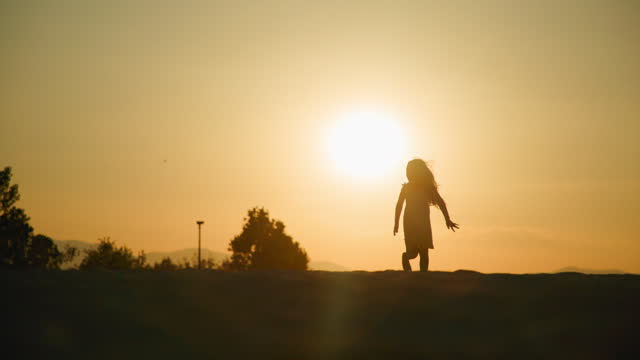 Silhouette of a Little Girl in the Sunset, Against a Colorful Sky
