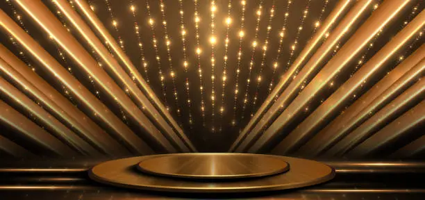 Vector illustration of Elegant golden scene diagonal glowing with star lighting effect sparkle on dark brown background. Template circle podium premium award design.