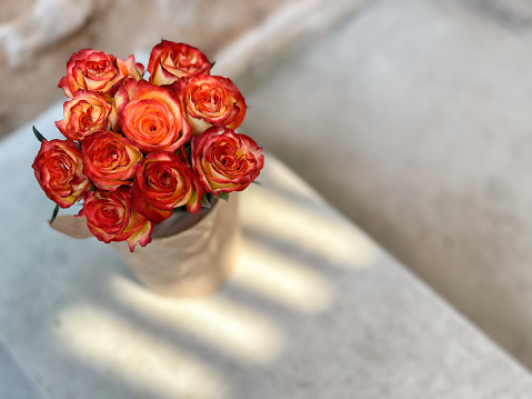 Still life with lights and shadows and bouquet of reddish and orange roses