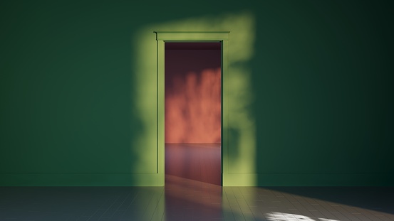 corridor door with green walls 3d rendering