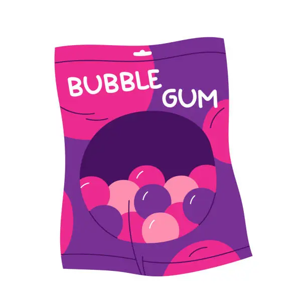 Vector illustration of Bubblegum in package. Chewing bubble gum balls packaging. Sweet chewing candy. Vector illustration in cartoon style. Isolated white background.