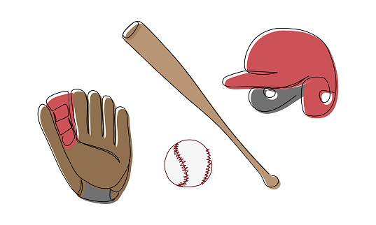 Baseball colored set with glove, ball, helmet, bat one line art. Continuous line drawing of player, pitcher, hardball, softball, sports, activity, american, game, training, competitive, leisure professional match, color Hand drawn vector illustration