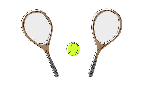 illustrations, cliparts, dessins animés et icônes de grand ensemble de tennis coloré avec raquette et balle one line art. dessin au trait continu du tennis, cordes, sport, sports, activité, club, jeu, entraînement, équipement, jeu de championnat professionnel, couleur. - racket string