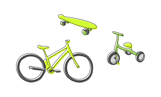 Colored bicycles and skate one line art. Continuous line drawing of sport, transportation, color, kid, bike, fun, roller, hobby, mobile, cycle, teenager, fitness, bike activity urban Hand drawn vector illustration