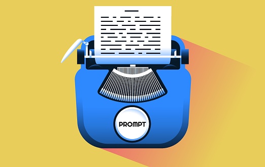 Typewriter with single prompt key. Generated text, ai tools concept. Vector illustration.