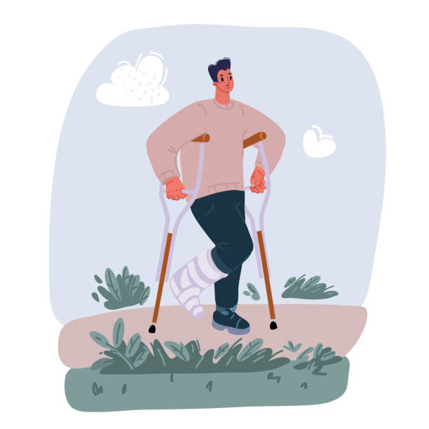 istock Vector illustration of man with plaster leg cast walking with crutches 1707898765