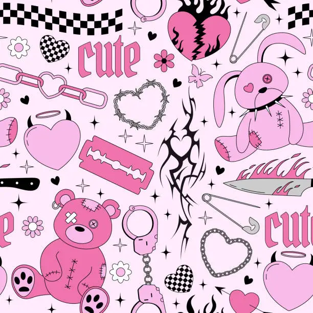 Vector illustration of Y2k emo goth seamless pattern. Background with old bear and bunny toys, hearts, spikes, tattoo, flame, knife in 2000s style