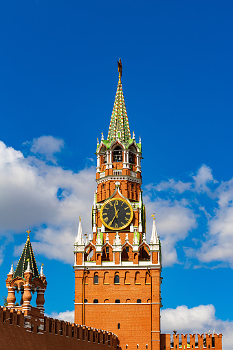 Moscow, Russia - August 19, 2023: Spasskaya Tower of the Moscow Kremlin. clock tower