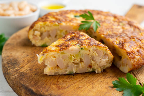 Spanish potato omelette made with white beans and zucchini.