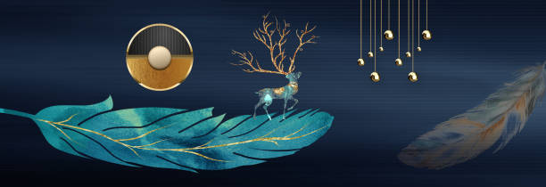 3d art wallpaper. blue, turquoise feathers, and modern cilcles, deer. on dark blue background