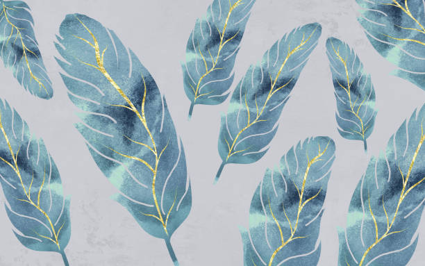 istock Classic mural wallpaper. turquoise pattern feathers on light background. bedroom wall decor 1707923186