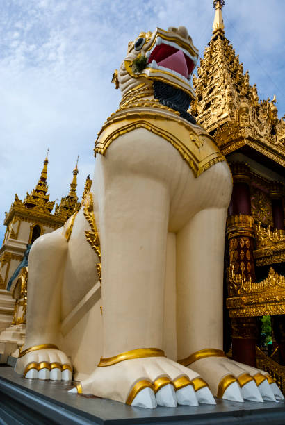 gran estatua de león guardián en la entrada de la pagoda shwedagon, una pagoda dorada en yangon, rangún, myanmar, asia - burmese culture myanmar gold lion fotografías e imágenes de stock