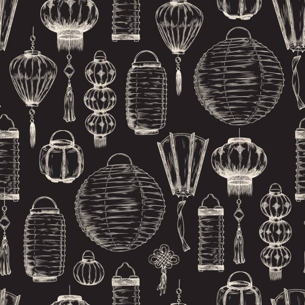 japo�ńskie lampiony, bezszwowy wzór, ręcznie rysowany szkic, ilustracja wektorowa. - paper lantern illustrations stock illustrations