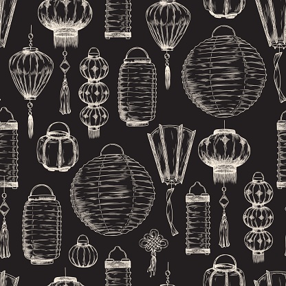 Japanese lanterns seamless pattern, hand drawn sketch vector illustration isolated on black background. Pattern with Japanese lanterns in chalk on board drawing style.