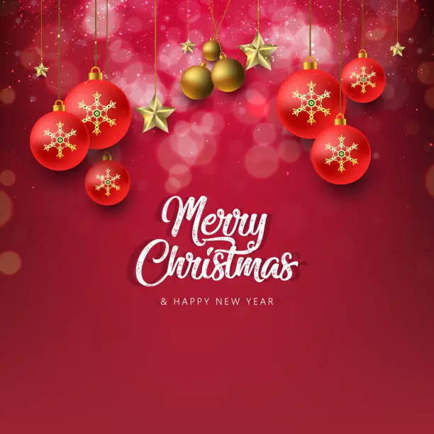 Vector illustration of Merry Christmas message vector, gold stars and hanging ball design