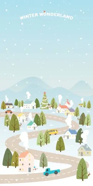 Vector illustration of Winter Wonderland with snowfall childish style vector illustration. Merry Christmas greeting card template have blank space.