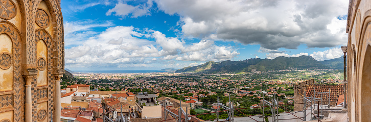 Panoramic View Of The Gulf Of Palermo, In The South Of Italy, Taken From The Cathedral Of Monreale On Partially Cloudy Sky Background