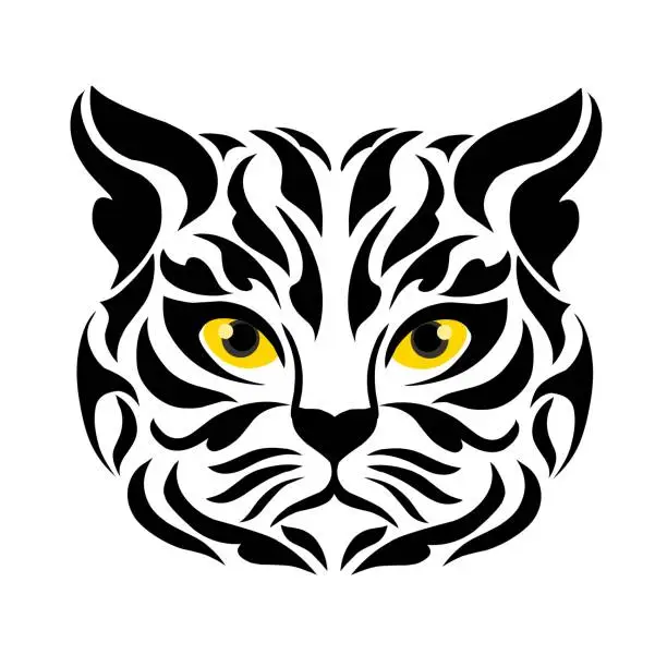 Vector illustration of tribal art design cat face with yellow eyes