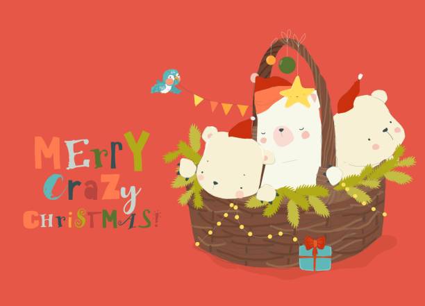 ilustraciones, imágenes clip art, dibujos animados e iconos de stock de lindos osos polares divertidos sentados en la canasta de navidad - cesta de navidad