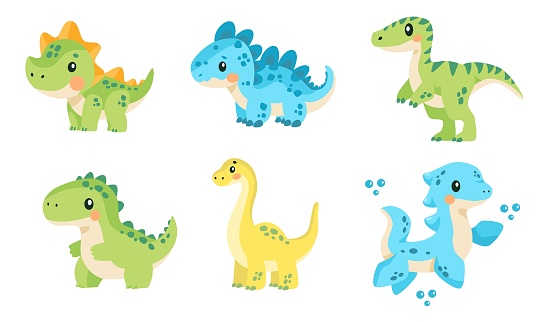 A set of super cute vector children's illustrations. Cute green dinosaurs on white background,  blue aquatic dinosaur with flippers