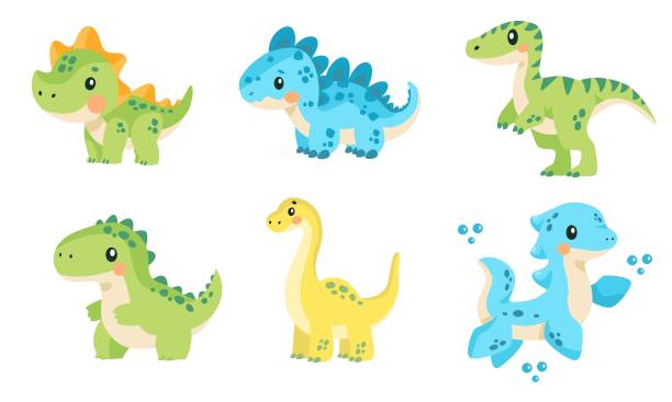Print A set of super cute vector children's illustrations. Cute green dinosaurs on white background,  blue aquatic dinosaur with flippers raptor dinosaur stock illustrations