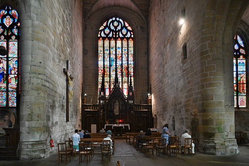 Sens (Yonne, Burgundy, France) - Interior of the Saint-Etienne cathedral, in gothic style, stained glass and part of rose window (ancient artwork, public domain)