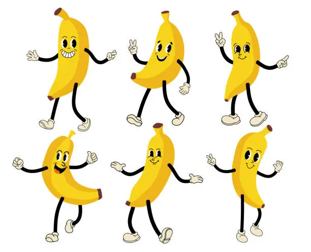 Vector illustration of Cute banana cartoon character set.
