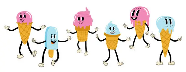 Vector illustration of Cute ice cream cartoon character set.