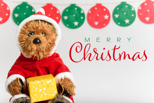 istock Funny teddy bear in Santa Claus suit with Christmas present 1707992086