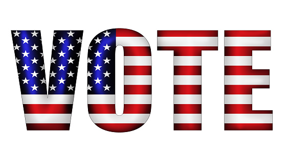 The word Vote, in the colors of the American national flag, urges US citizens to vote in their democratic elections.