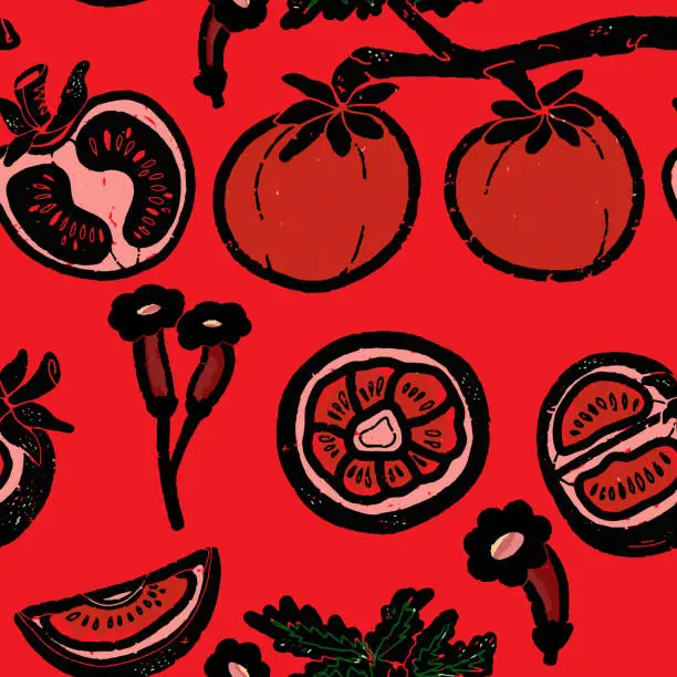 Vector illustration of Tomatoes and flowers. Graphic floral pattern. For design, print, wallpaper, paper, textiles. Vector overlapping seamless pattern.