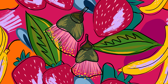Stylized tropical fruits and plants in flat style. Vector seamless, overlapping, repeating pattern.
