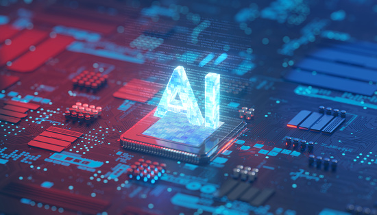 Chipset on circuit board for artificial intelligence ai power, 3d rendering