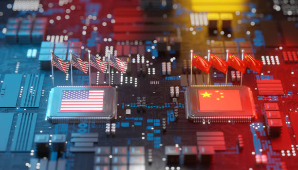istock Flag of America and China on Chipset for semiconductor industry, 3d rendering 1708033882