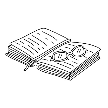 Open book with a bookmark and glasses doodle hand drawn vector illustration black outline.