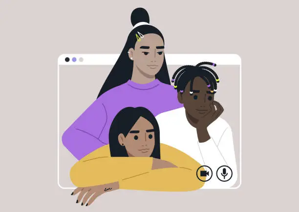 Vector illustration of A vibrant and diverse group of stylish teenagers joyfully gathered together, celebrating their differences and unity in style and friendship, a video call frame