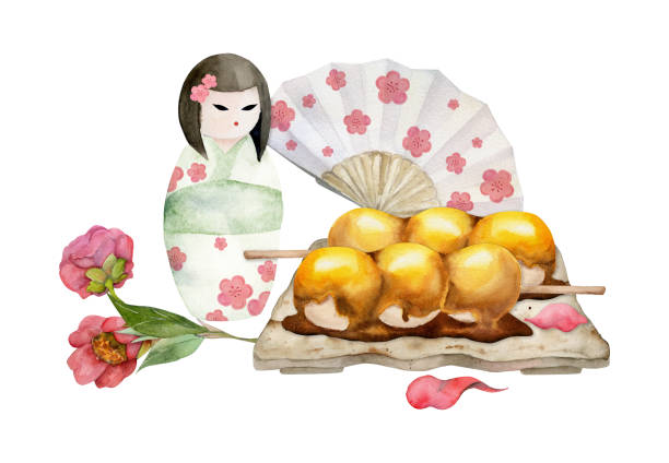 istock Watercolor hand drawn traditional Japanese sweets. Ceramic dish, mitarashi dango, camellia flower. Isolated on white background. Design for invitations, restaurant menu, greeting cards, print, textile 1708104862