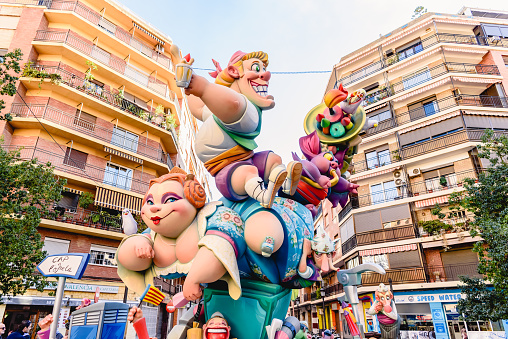 Valencia, Spain - March 16, 2019: Detail of some Fallas day monuments, publicly displayed in the squares of the neighborhoods to be admired by tourists.