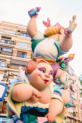 Valencia, Spain - March 16, 2019: Detail of some Fallas day monuments, publicly displayed in the squares of the neighborhoods to be admired by tourists.