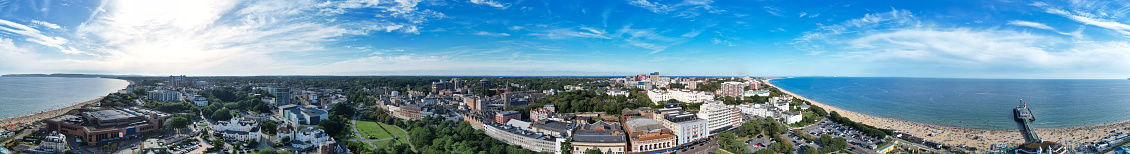 Aerial Ultra High Resolution Wide Panoramic View of British Tourist Attraction of Bournemouth City, Beach and Sea view City of England Great Britain UK. Image Captured with Drone's Camera