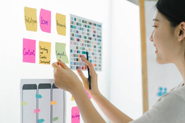 istock Creative ux designer brainstorming designing screens for mobile responsive website development with UI UX. Developing wireframe sketch layout design mockup on smartphone screen. 1708131594