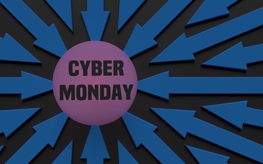 Cyber Monday text shown by blue arrows while the text is on a purple background