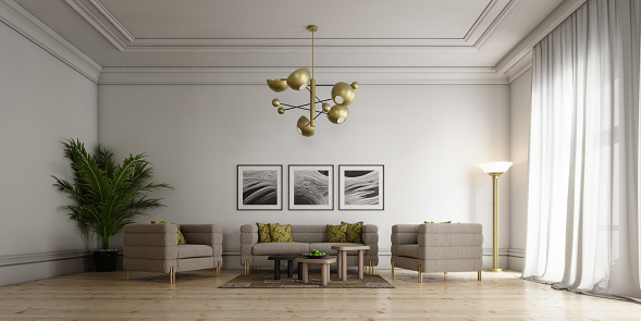 Digitally generated stylish and luxurious living room interior design.\n\nThe scene was created in Autodesk® 3ds Max 2024 with V-Ray 6 and rendered with photorealistic shaders and lighting in Chaos® Vantage with some post-production added.
