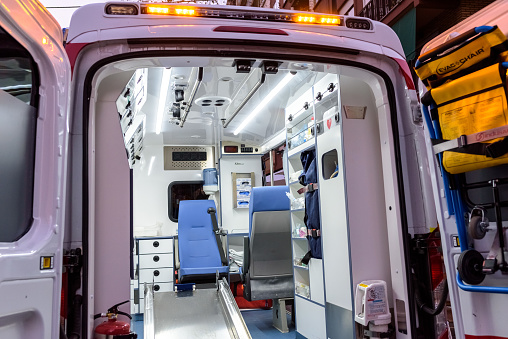 Valencia, Spain - January 14, 2019: Interior of an ambulance with all its new material while paramedic are out in an emergency.