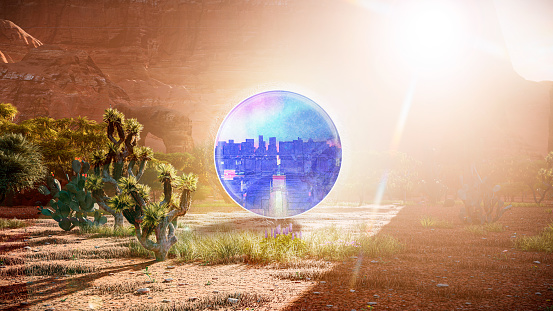 Portal to metaverse. Round teleport gate in desert leading to virtual city.