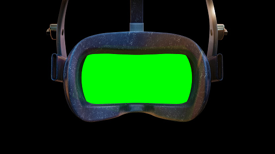 Digital generated image of a virtual reality headset with green screen. 3D VR glasses isolated on black background.