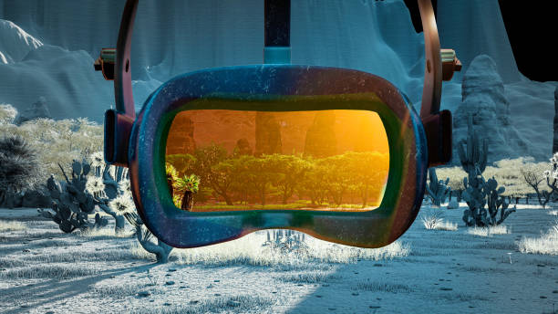 istock Virtual reality headset showing a realistic hot desert view 3D model 1708151811