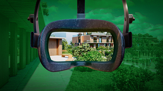 3d image of virtual reality headset showing university building view. VR glasses with glimpses of modern building architectural design.